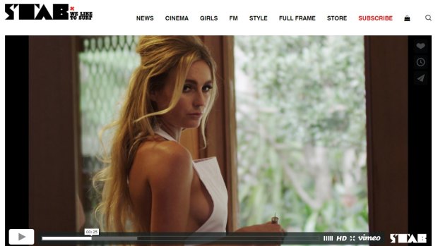 A screenshot from a video on the Stab website, directed by Beren Hall and featuring surfers Alana Blanchard and Jack Freestone. 