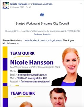 The LNP's candidate for Morningside, Nicole Hansson, jumped the gun with this Facebook employment update.