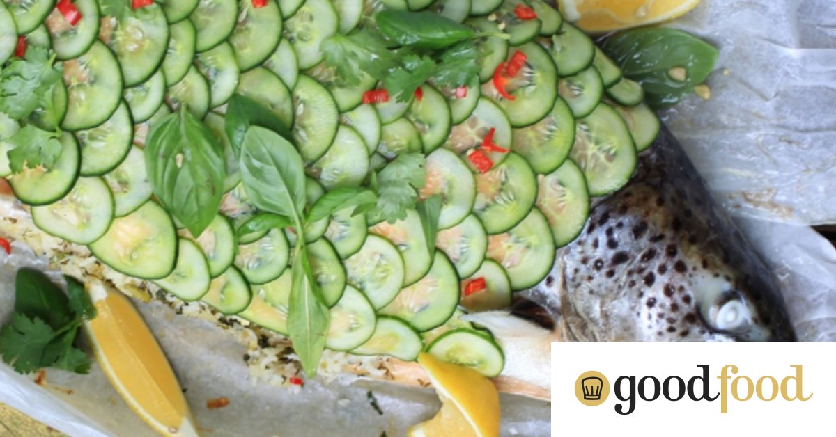 Adam Liaw's whole baked salmon stuffed with lemon and herb rice