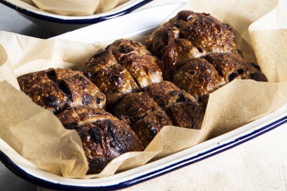 Baker Bleu's hot cross buns with sour cherry and dark chocolate.