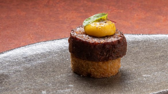 Morcilla topped with a Vegg yolk.