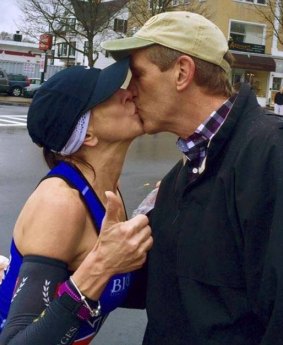 Making an impression: Barbara Tatge's daughter dared her to kiss a random good-looking man at the Boston Marathon. 