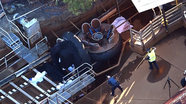 The scene at the Thunder Rapids ride after the accident.