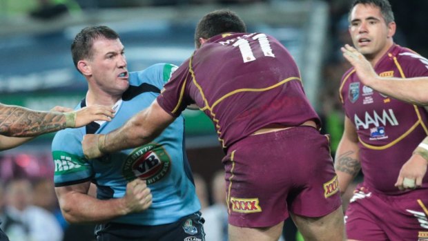 Swap meeting: Nate Myles and Paul Gallen get to know one another in Origin I, 2013. 