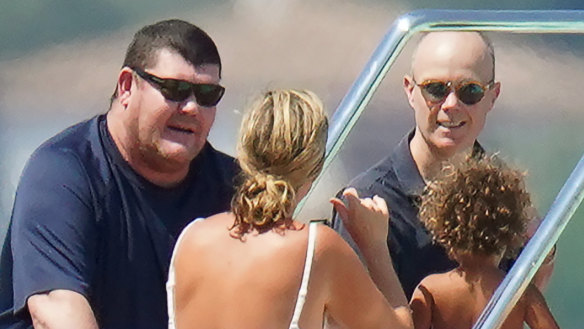 James Packer with friends on his yacht in St Tropez in July last year.