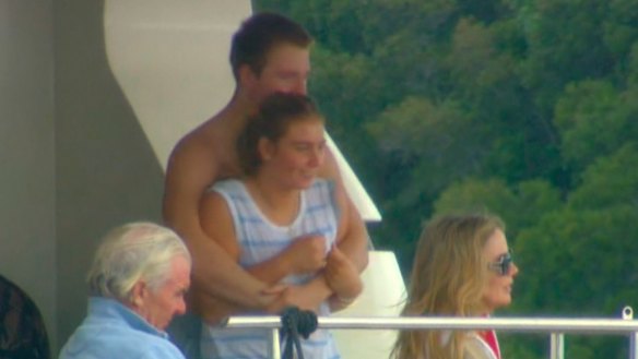 Mark Simonds (front left), executive chairman of the ASX-listed Simonds Group and his wife Cheryl (front, right) with Hannah Fox (centre) on board the Lady Pamela moored on the Clarence River, in Yamba.
