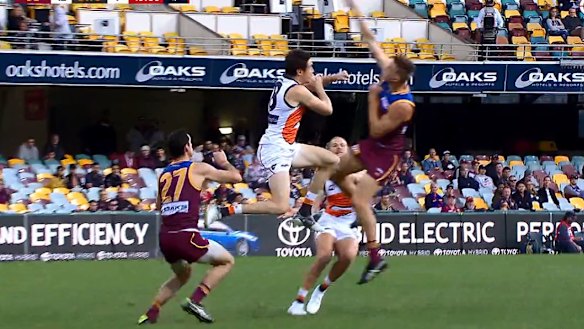 Low point: Jeremy Cameron launches himself at Harris Andrews in a widely condemned hit.