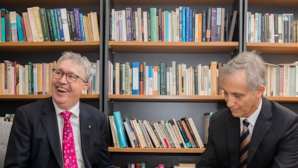 University of Wollongong Vice Chancellor Professor Paul Wellings (left) with Ramsay Centre boss Professor Simon Haines after  signing a deal to set up the Western Civilisation degree in December last year.