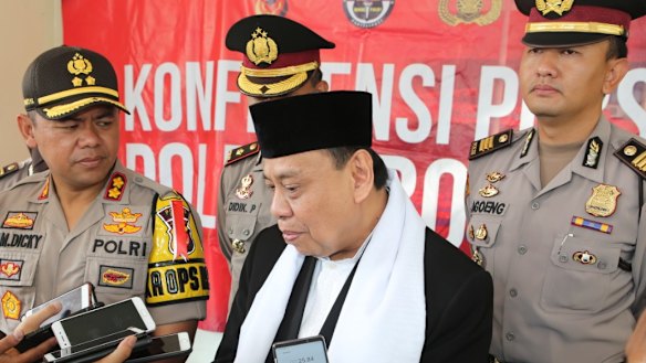 Ahmad Mukri Aji, the head of the Bogor branch of the MUI, the Indonesia Ulema Council, appeals for calm at a press conference organised by police after the dog in the mosque incident. 