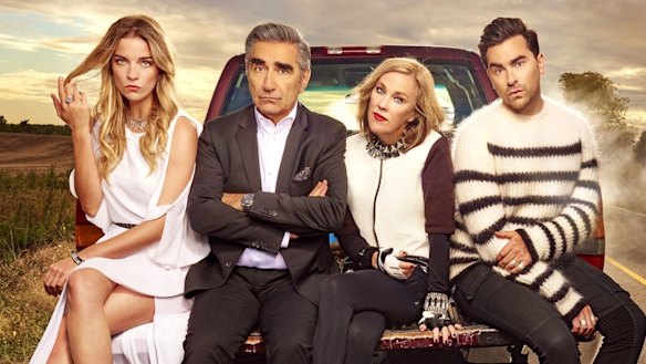 Annie Murphy as Alexis, Eugene Levy as Johnny, Catherine O'Hara as Moira and Daniel Levy as David in Schitt's Creek.