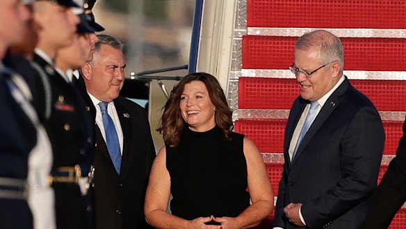 Prime Minister Scott Morrison and Jenny Morrison were greeted by Ambassador Joe Hockey on arrival in Washington DC.
