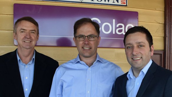 Richard Riordan on the day he won Liberal Party preselection for the Polwarth electorate with former member Terry Mulder (left) and former opposition leader Matthew Guy. 