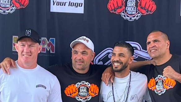 Anthony Mundine (right) launches World Bare Knuckle Fighting at Redfern Oval in February with (from left) boxer and ex-rugby league star Paul Gallen, business partner Gosh Daher and fellow former world boxing titleholder Billy Dib.