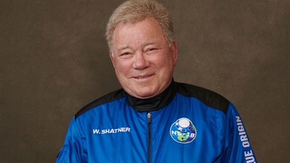 William Shatner, suited up for the Blue Origin NS-18 sub-orbital spaceflight mission.