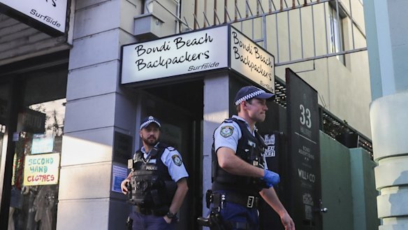 Police leave the Bondi Beach Backpackers after breaking up a public indoor gathering on last Friday.