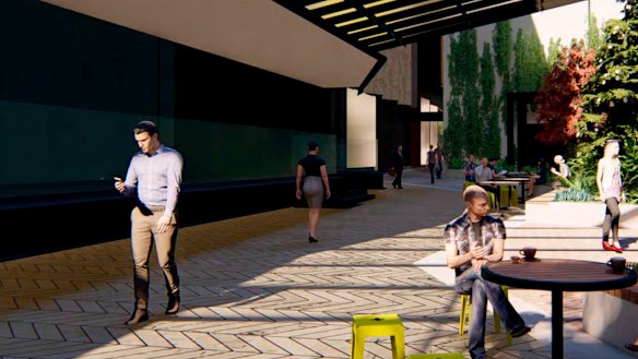 The planned 'Eat Street' connecting the Arena Lane with the office tower. 