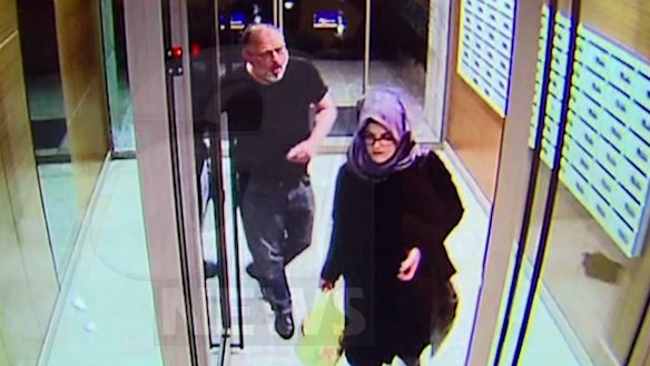 CCTV video purportedly showing Jamal Khashoggi and his fiancee, Hatice Cengiz, at an apartment in Istanbul hours before his death.
