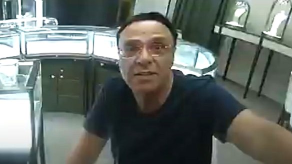 A screenshot from police body camera footage showing the moments following a staged robbery at celebrity jeweller Michel Germani’s high-end store in Sydney’s Hilton Hotel in 2023.