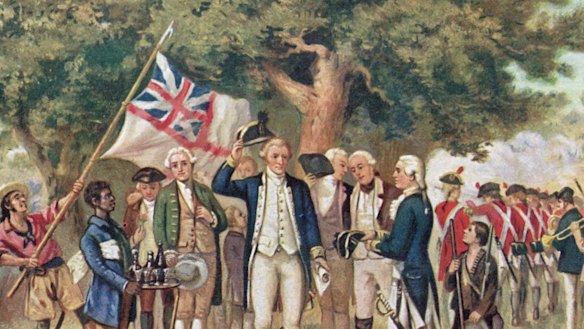 1st April 1770: A print from a painting showing Captain James Cook (1728-79) taking possession of New South Wales, taken from the collection of the Philosophical Institute of Victoria. 