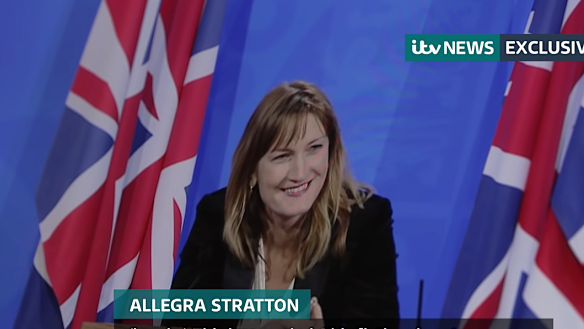 Prime Minister Boris Johnson’s spokeswoman Allegra Stratton laughs as she confirms a staff Christmas party was held at Number 10 despite a ban on gatherings during a mock press conference, footage of which was leaked to ITV News.