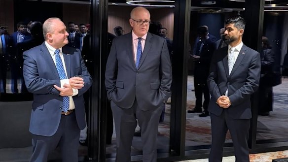 Liberal MP Jason Wood, Scott Morrison  and Bruce candidate Zahid Safi.