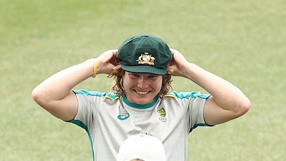 Will Pucovski was presented with his baggy green cap by Andrew McDonald.