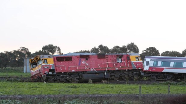 The damaged train off its tracks at Pirron Yallock. 