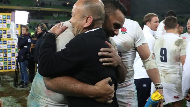 "He wants me to be challenging the best No.8s in the world": Vunipola embraces Eddie Jones after the second Test.