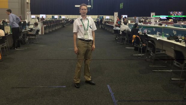 Volunteer Tobias Loftus at the Brisbane G20 media centre.
