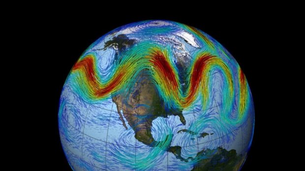 A visualisation of the very wavy northern hemisphere jet stream.