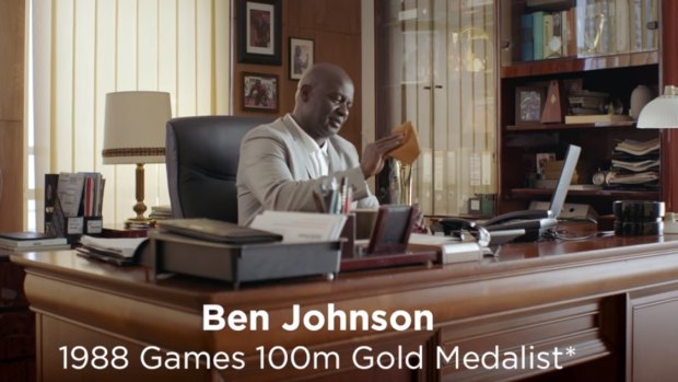 "Unfairly fast": Sprinter Ben Johnson, who admitted to using performance enhancing drugs during his career, in an ad for a betting app that boasts it brings an unfair advantage to customers.