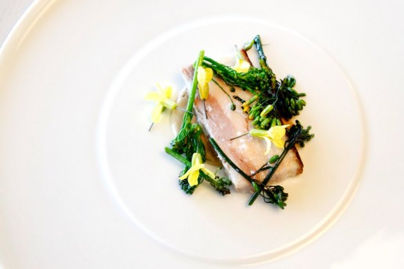 Butter-poached pork belly, hay and broccoli.
