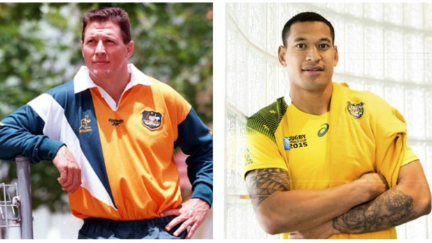 Tale of two jerseys: Phil Kearns in the 1997 kit and Israel Folau in the 2015 model.