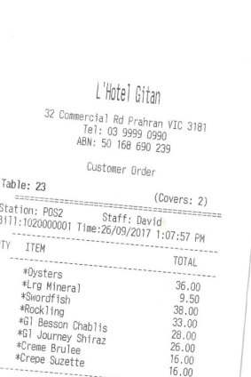 The bill from L'Hotel Gitan in Prahran.