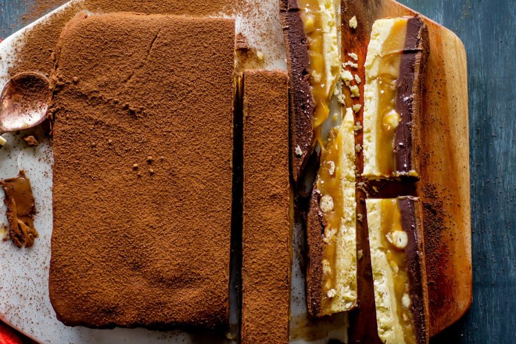 Caramel slice 2.0: Chocolate, salted cashew and caramel slab tart.