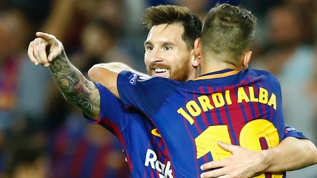 Barcelona's Lionel Messi celebrates scoring his side's third goal agains Juventus.