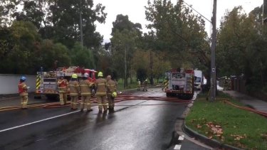 Firefighters at the scene of the ethanol spill on Williams Road, South Yarra.