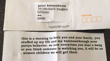 The threatening letter send to several WA Liberal MPs.