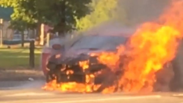 The car which caught fire on Alexandra Parade on Monday evening.