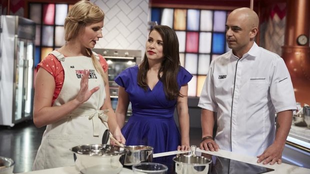 Canberra insurance broker Ali King on the set of Zumbo's Just Desserts with Rachel Khoo and Adriano Zumbo.