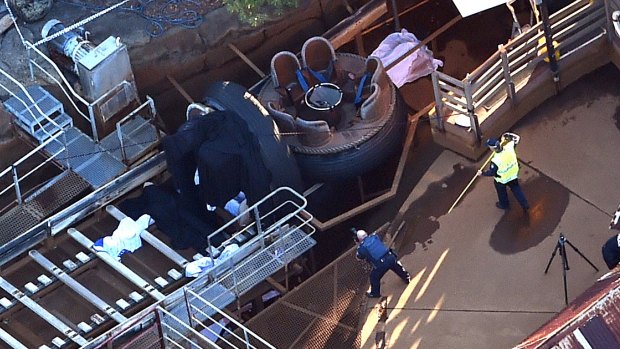 The scene at the Thunder Rapids ride after the accident.