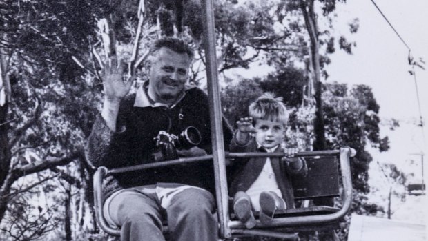 Alan as a child riding the chairlift with his father Vladimir Hajek, who built it.