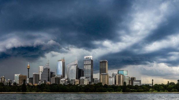 The storm front moves over the Sydney skyline.