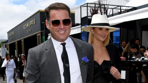Karl Stefanovic and Jasmine Yarbrough in the Birdcage at last year's Melbourne Spring Racing Carnival.