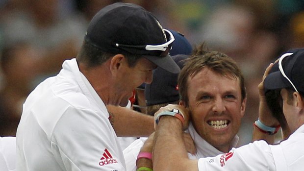 In happier times: Kevin Pietersen and Graeme Swann celebrate a Swann wicked in 2011. 