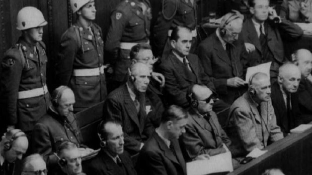 The Nazi defendants in the Nuremberg War Crimes trial sit in the dock in an undated photo.