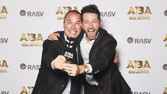 Chris Willcock, chief brewer from 4 Pines Brewing Company and Mont Stuart celebrate at the Australian International Beer Awards.