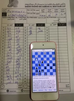 Gaioz Nigalidze’s match sheet and confiscated iPhone.