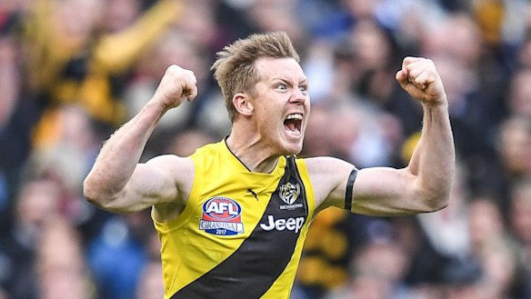 Jack Riewoldt celebrates his goal in the fourth term.