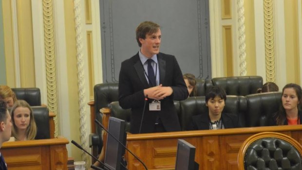 Timothy Kariotis in action in the Queensland Youth Parliament.